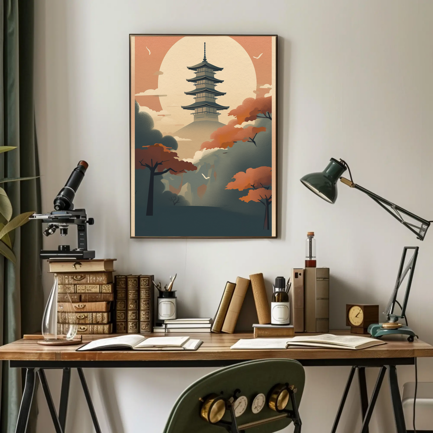 Sunset Pagoda Japan Mountain Haze Vintage Travel Poster