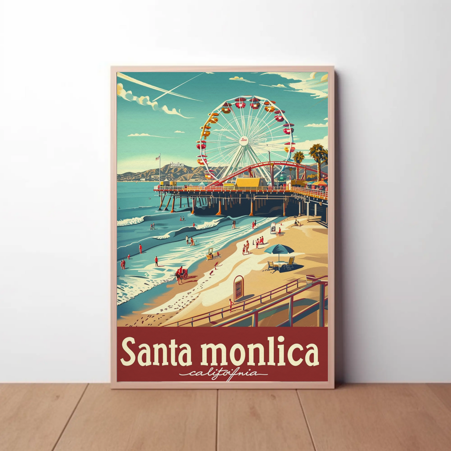 Santa Monica California Ferris Wheel Oceanfront View Travel Poster