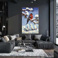 Vibrant Bullfinch Snowy Swiss Landscape Travel Poster PosterGoat