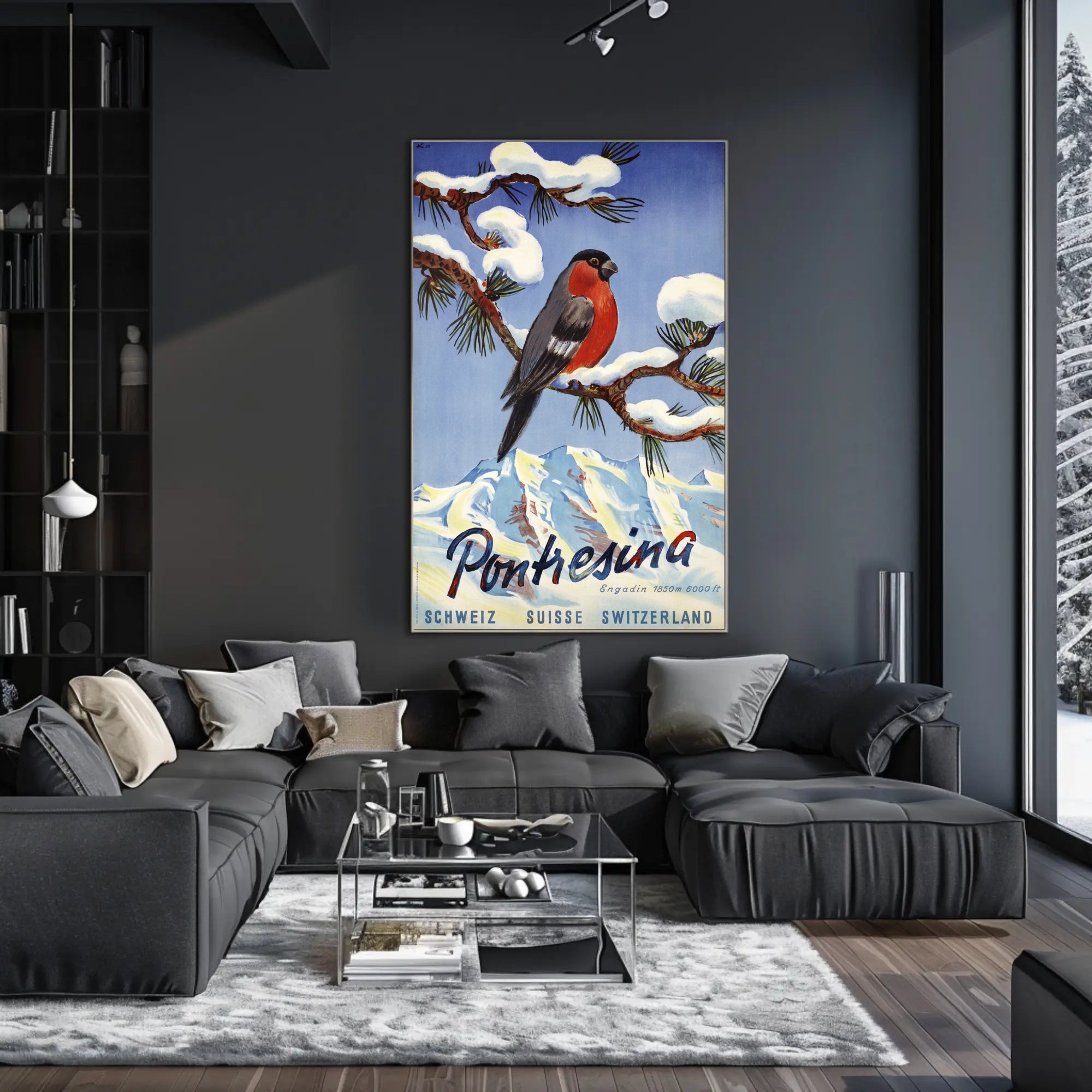Vibrant Bullfinch Snowy Swiss Landscape Travel Poster PosterGoat