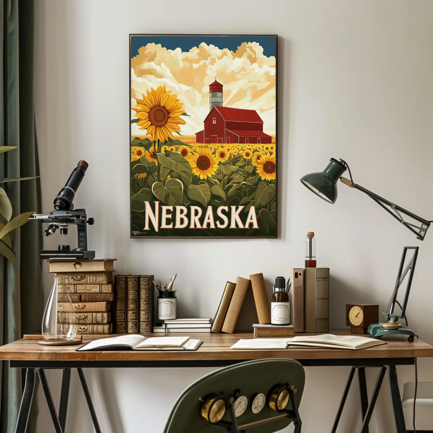 Nebraska Vintage Poster - Sunflower Barn