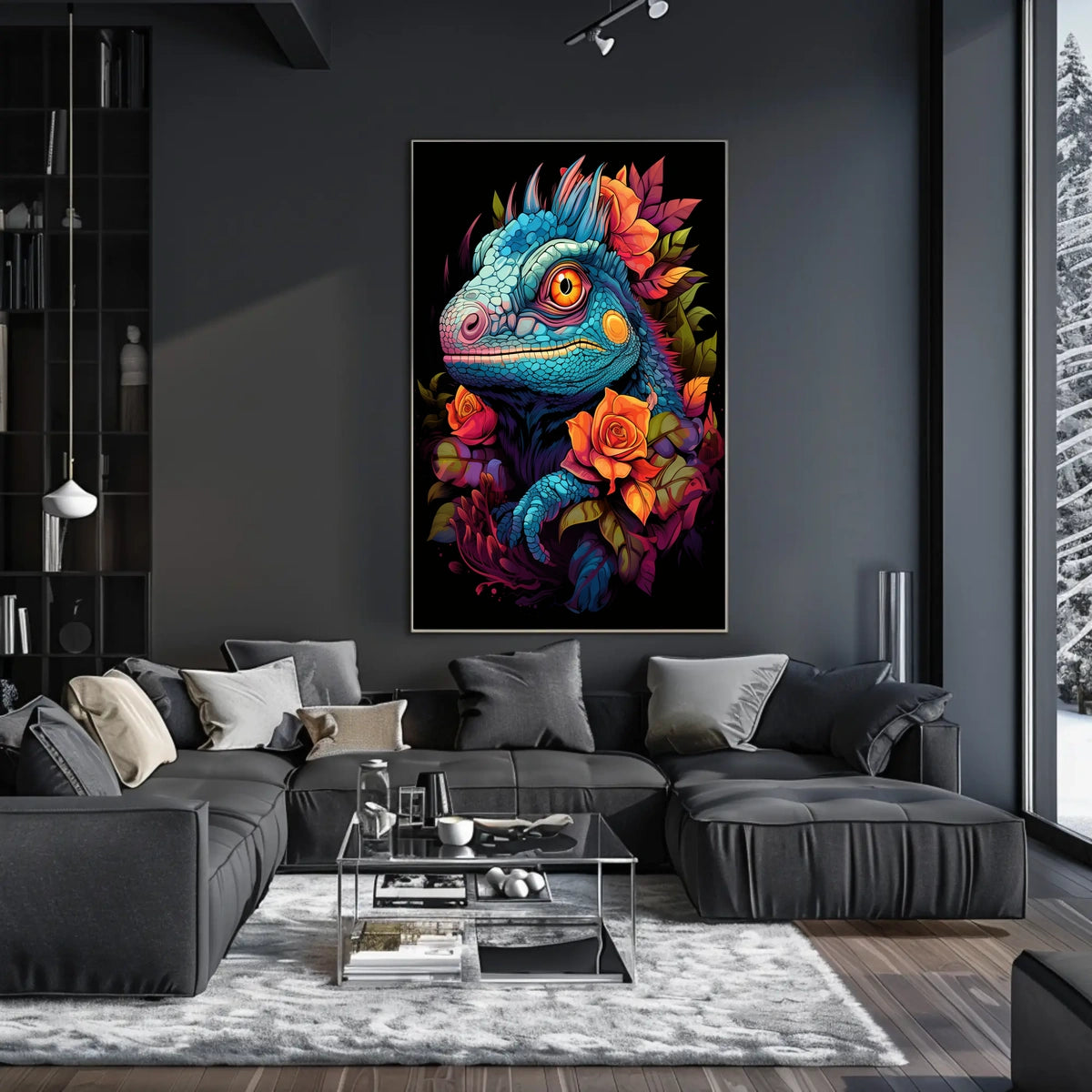 Vibrant Iguana With Roses Poster