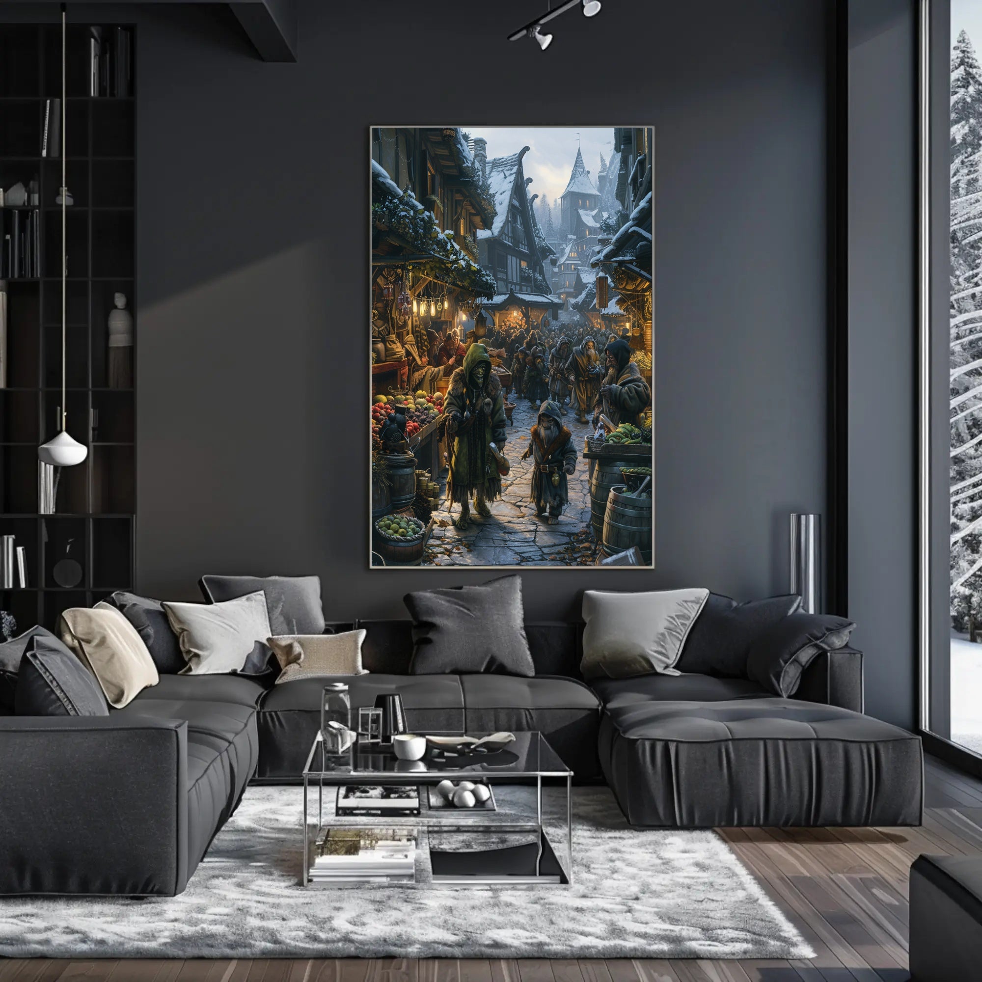 Medieval Snow Village Market Scene Fantasy or Mythology Poster PosterGoat