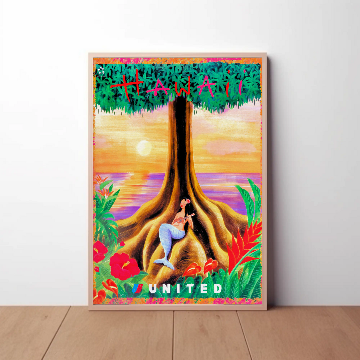 Hawaii Mermaid Tree Sunset United Travel Poster
