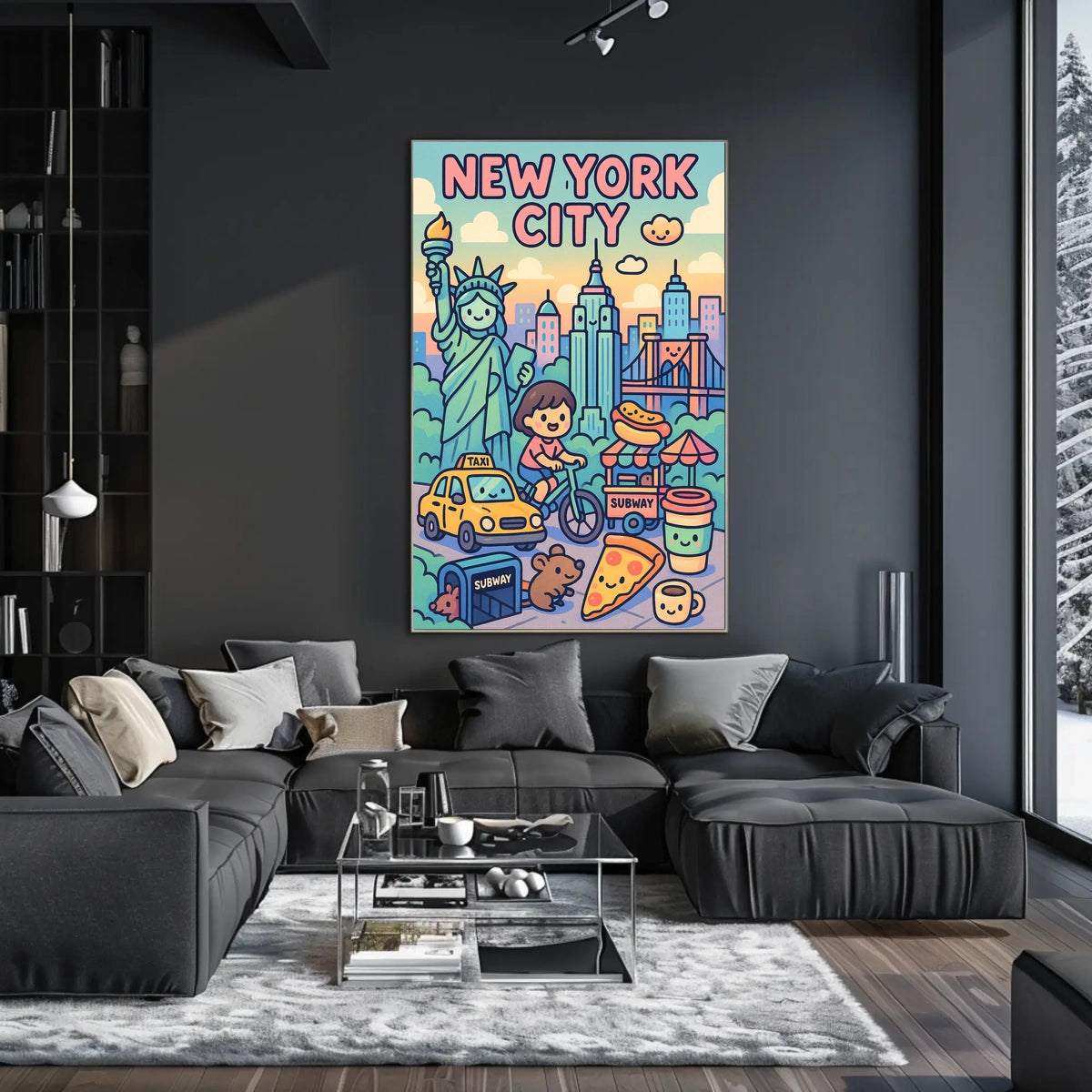 New York City Whimsical Cartoon Poster Modern Wall Art