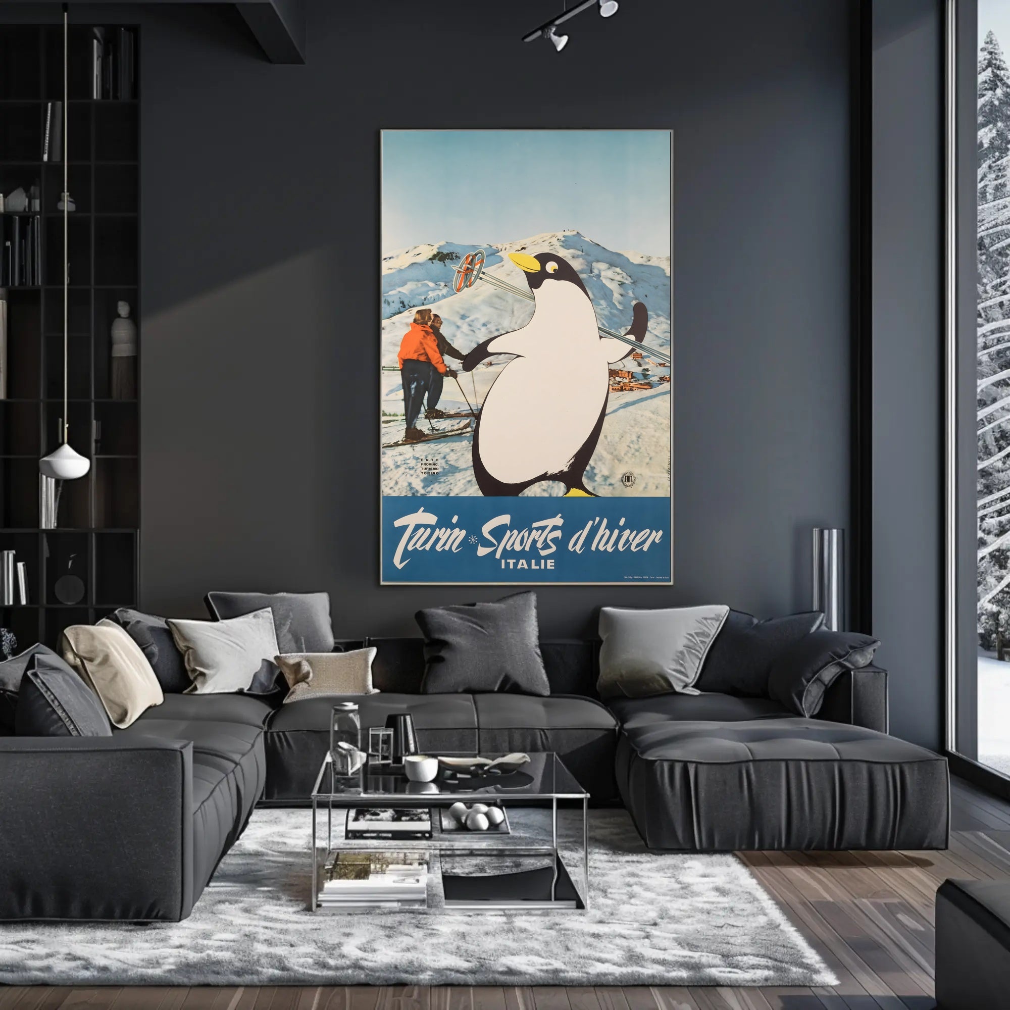 Winter Sports Fun Poster with Playful Penguin: Travel Poster PosterGoat