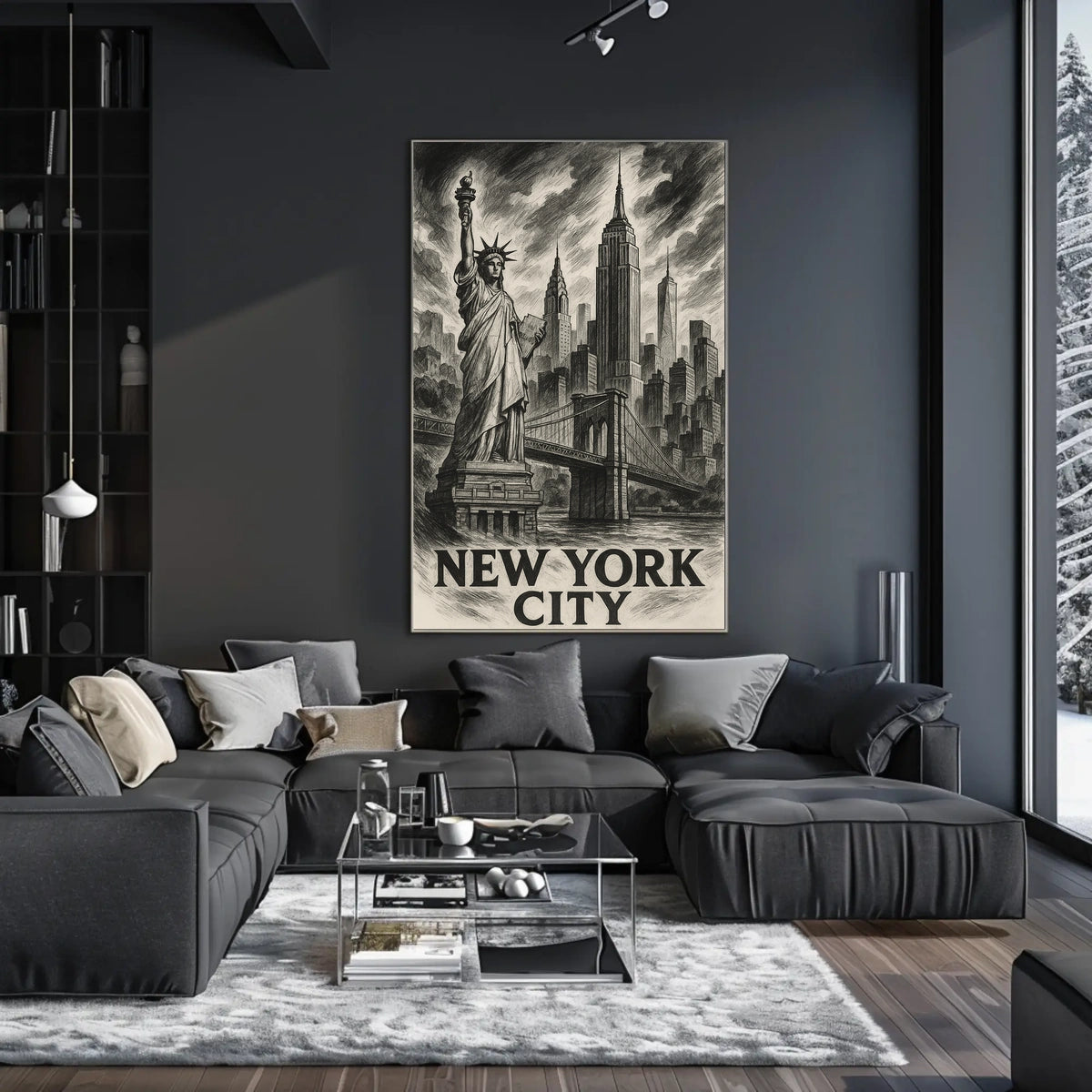 New York City Poster Vintage Sketch Landmarks Wall Art