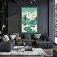Winter Serenity: Majestic Snow-Covered Mountains and Tranquil River Poster