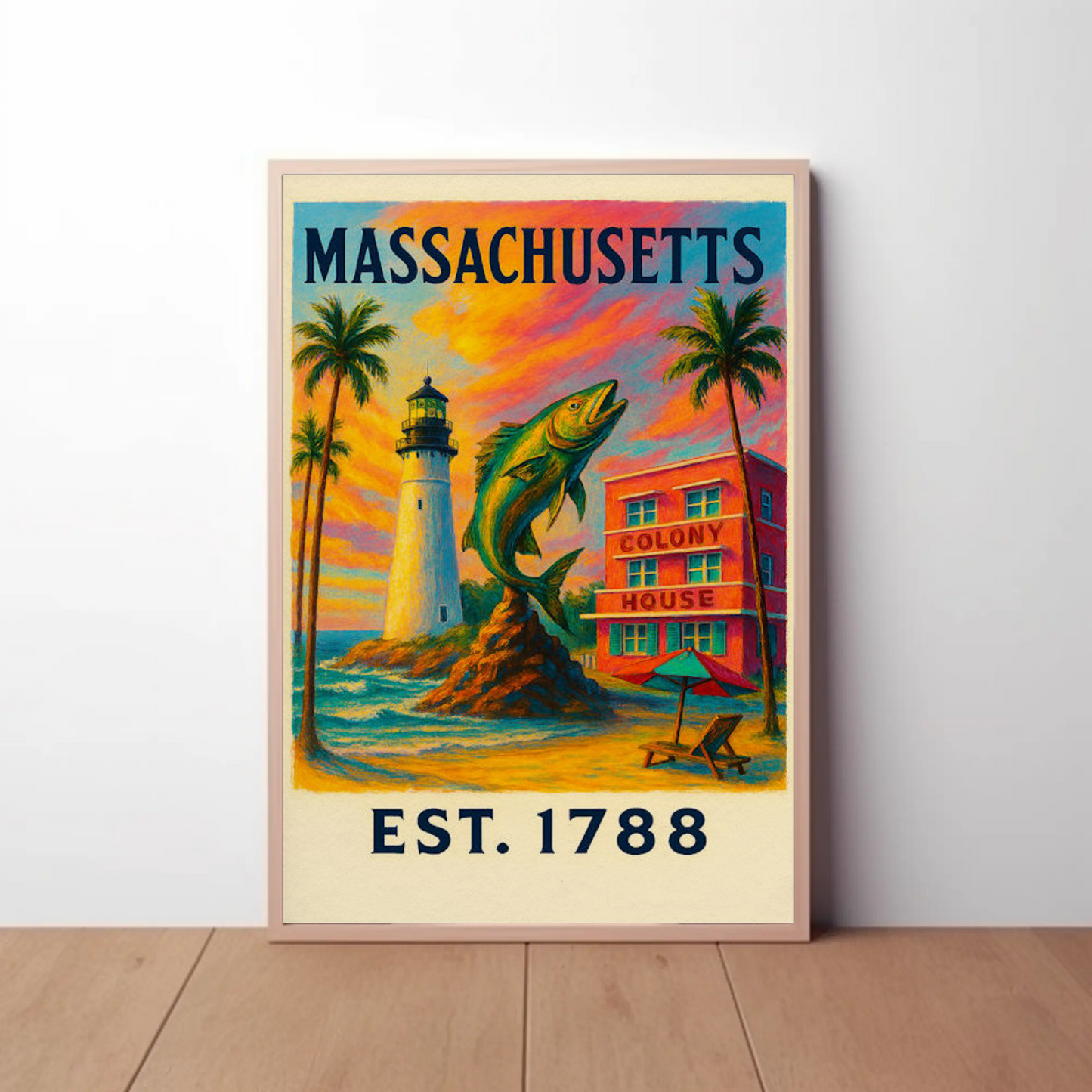 Massachusetts Lighthouse Fish Colony House Sunset Poster