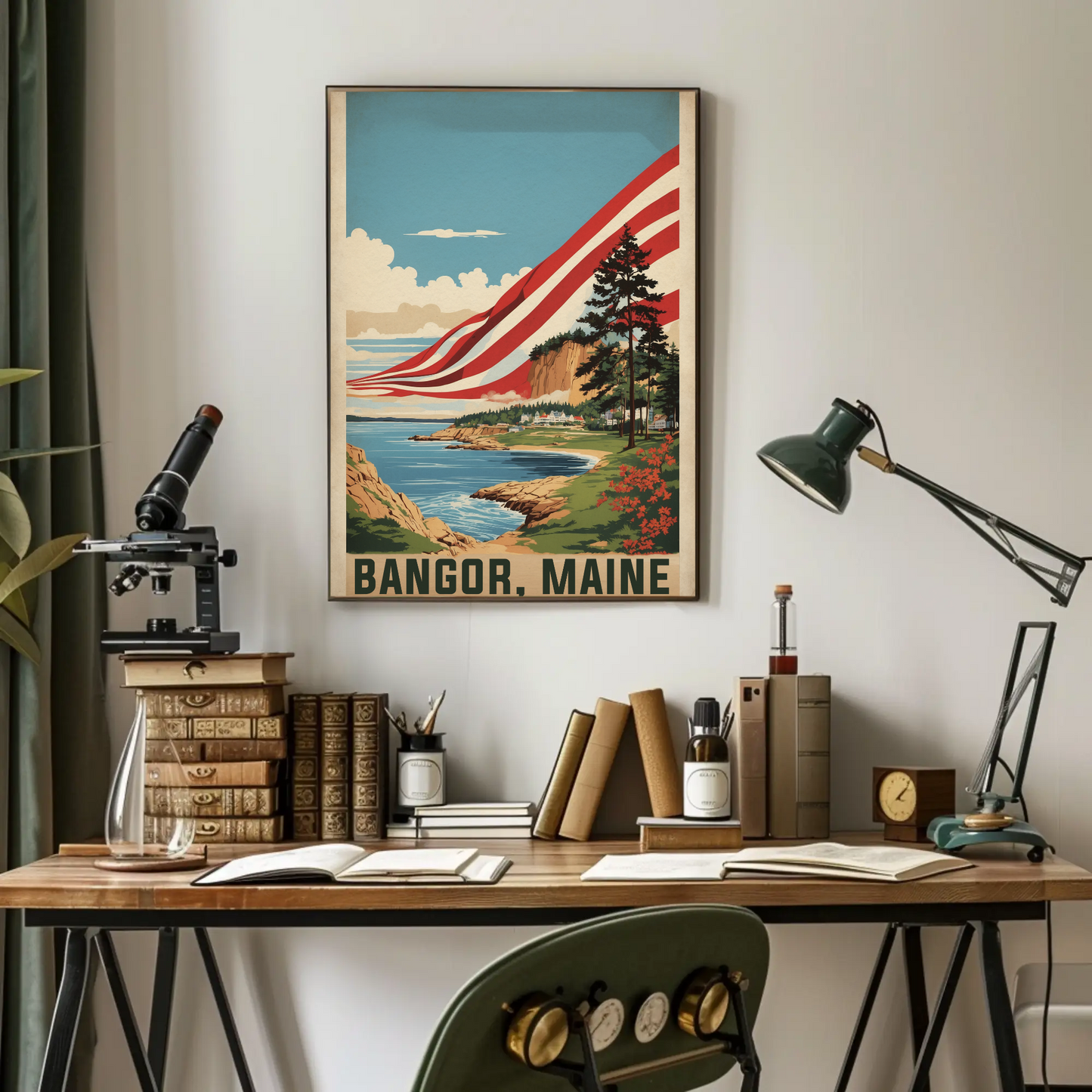 Bangor Maine Coastal Cliffside Vintage Travel Poster