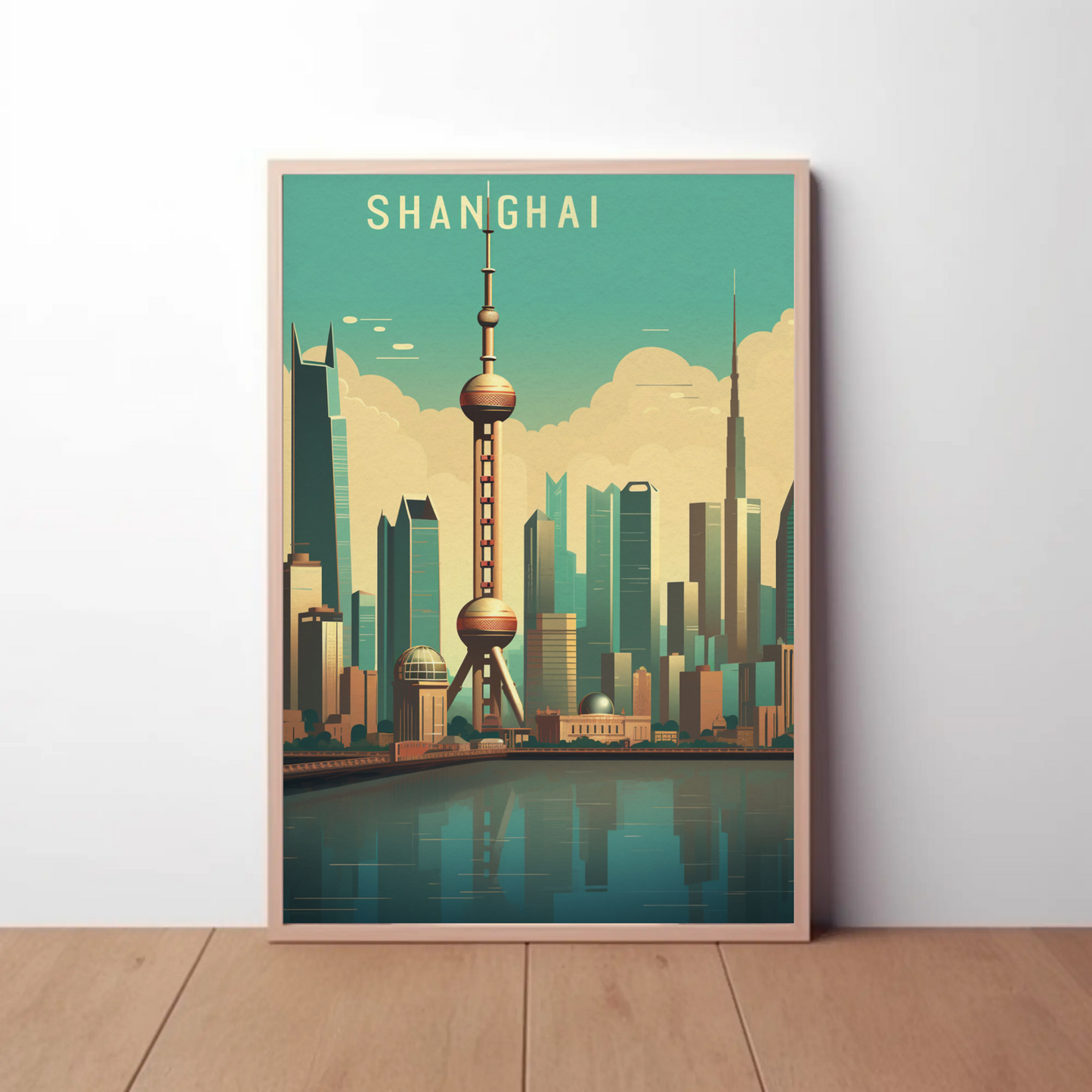 Shanghai China Futuristic Skyline Reflection Travel Poster