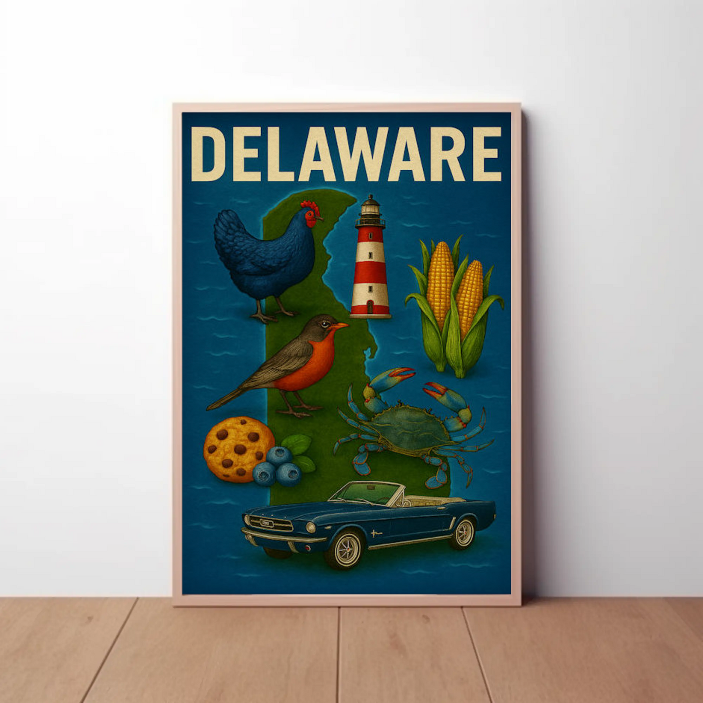 Delaware State Symbols Chicken Mustang Crab Travel Poster