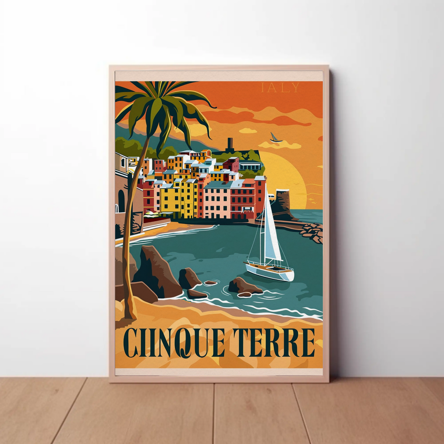 Cinque Terre Italy Vibrant Sunset Harbor Travel Poster