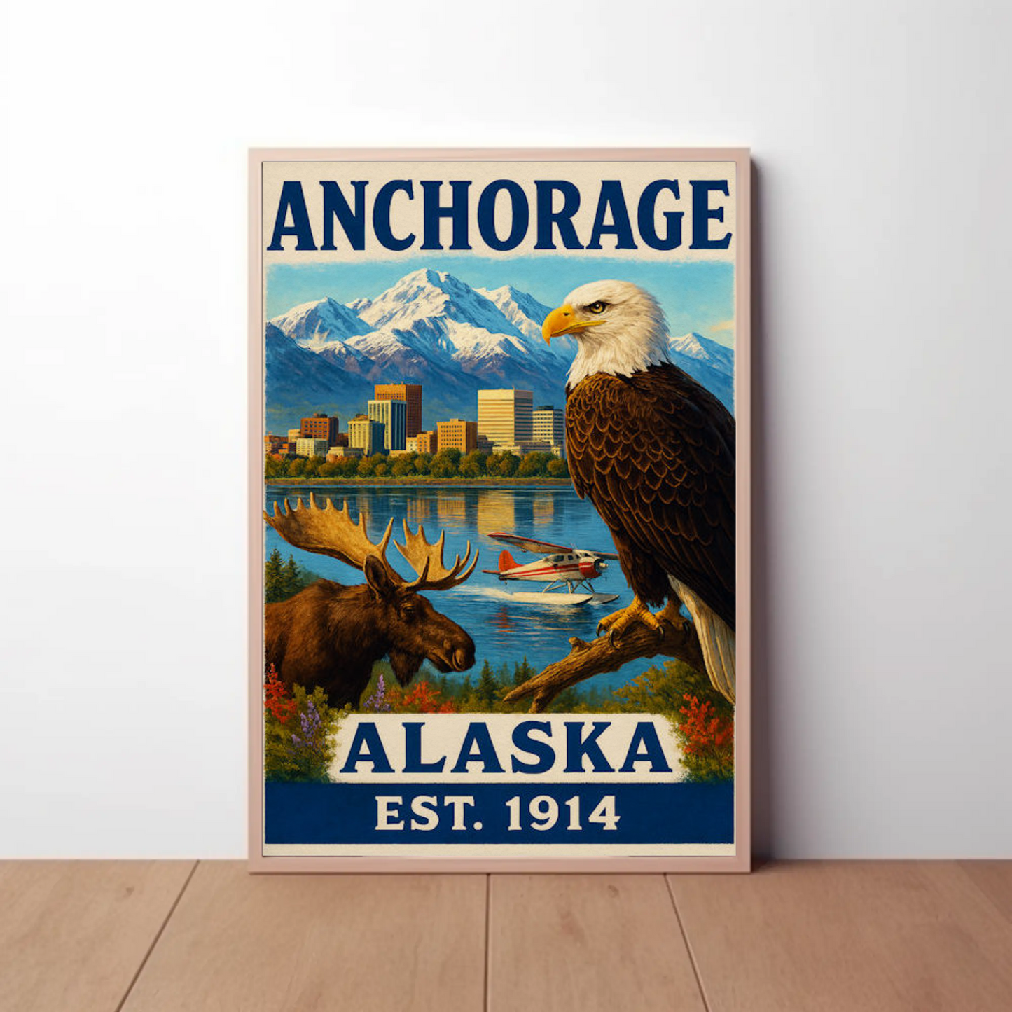 Anchorage Alaska Wildlife Skyline Nature Vintage Travel Poster