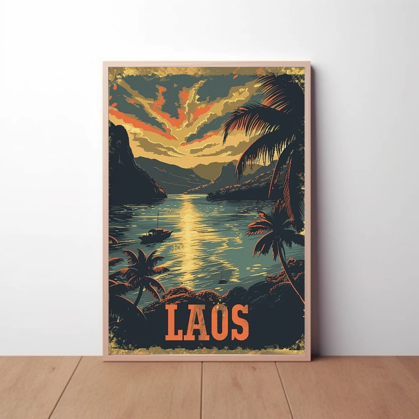 Laos River Sunset Palm Trees Landscape Travel Poster
