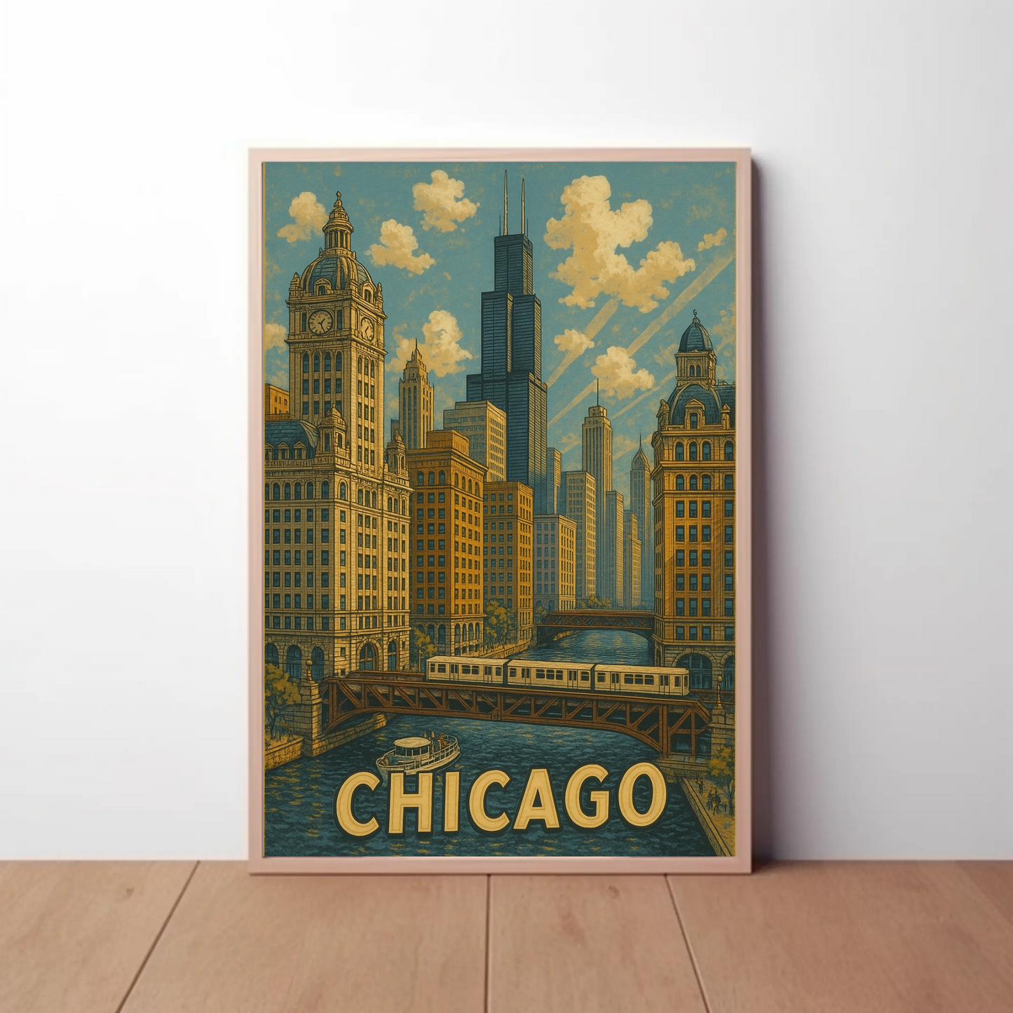 Chicago River Bridge Willis Tower Urban Travel Poster