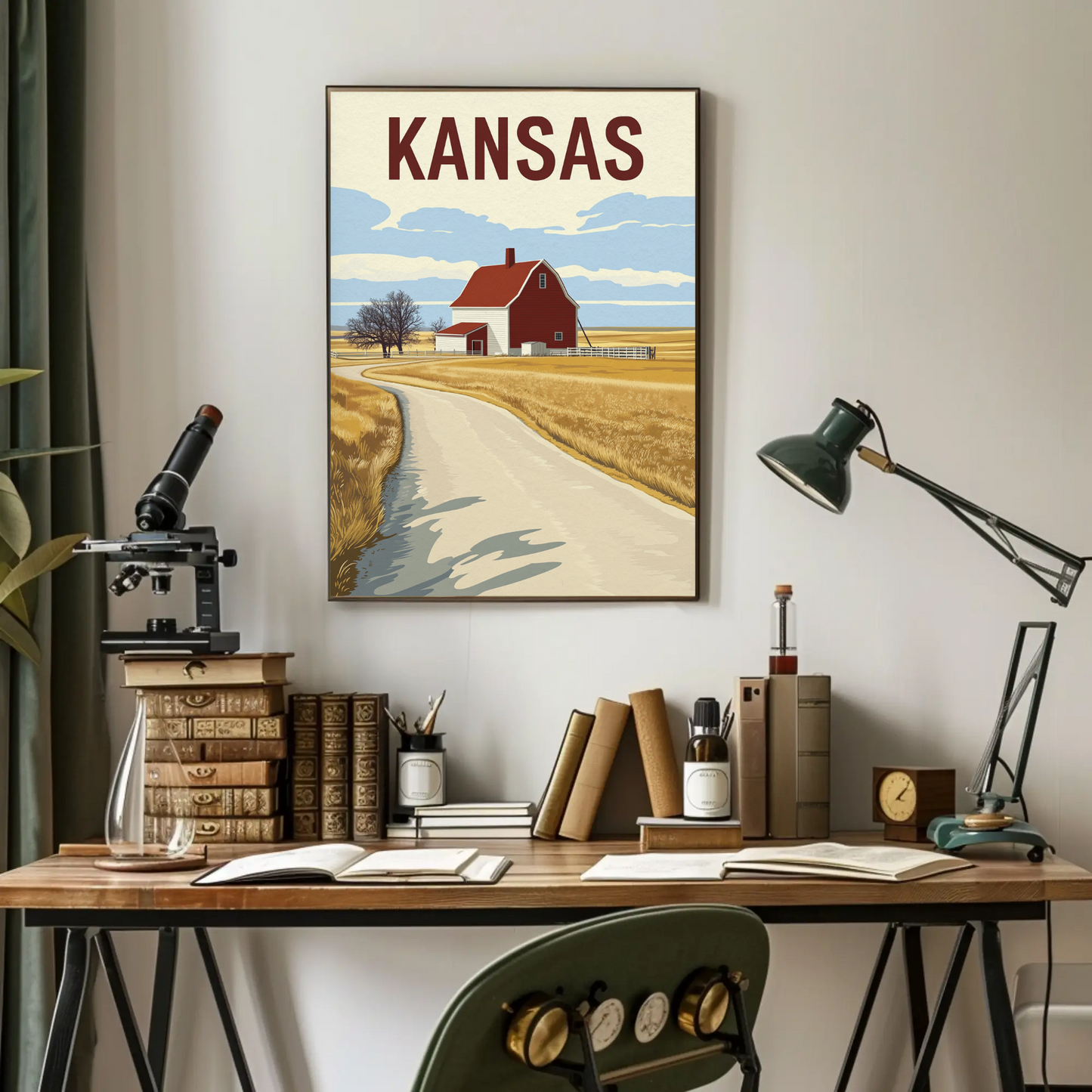 Kansas Barn Roadscape Vintage Poster