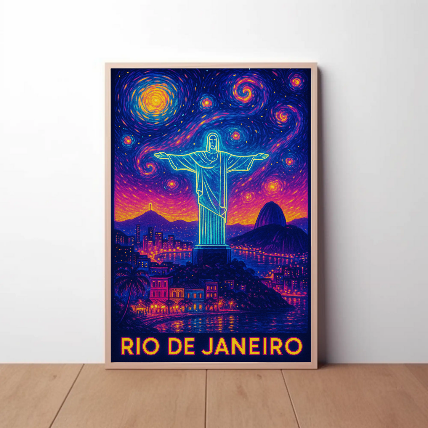 Rio De Janeiro Christ Neon Night Sky Travel Poster