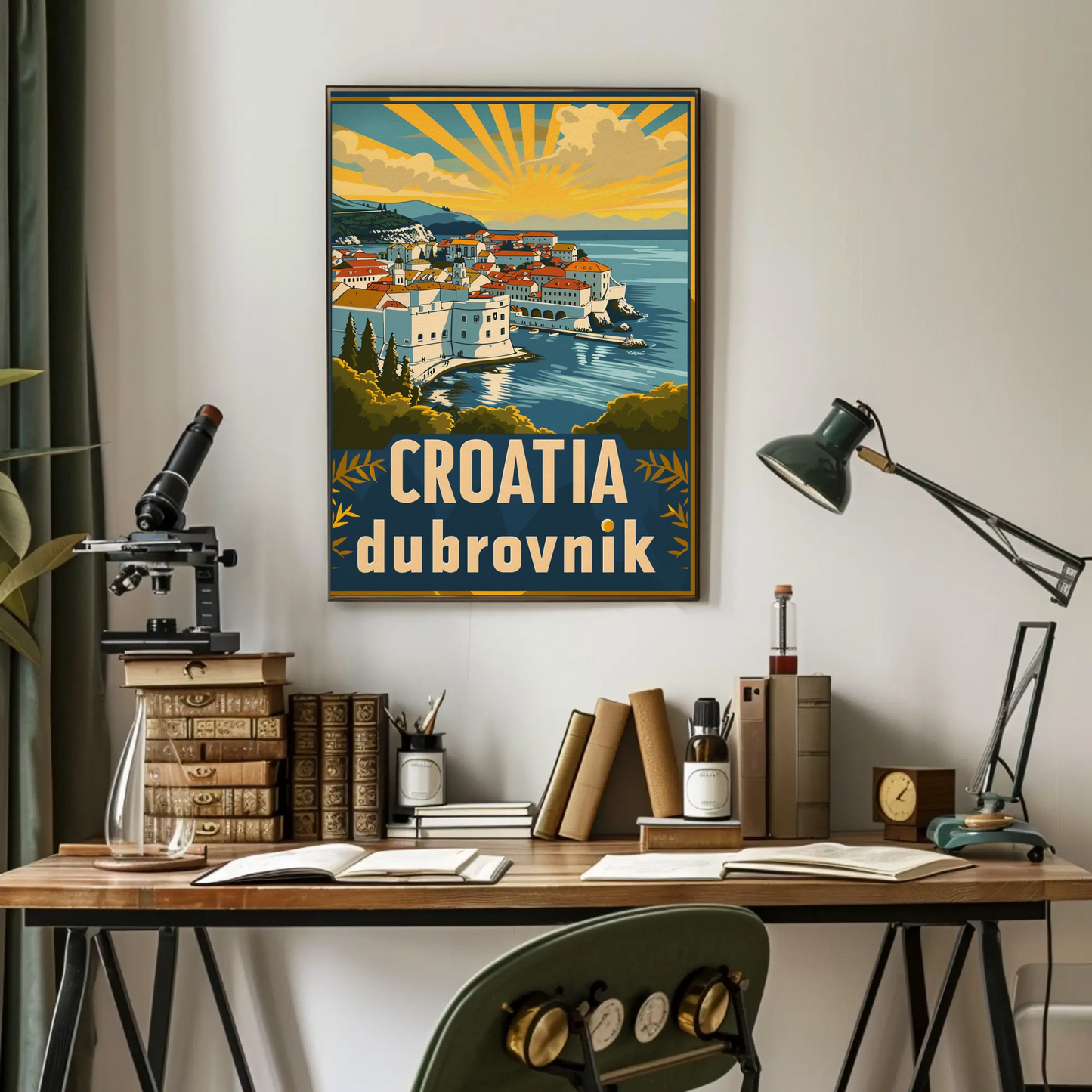 Croatia Dubrovnik Sunset Coastline Vintage Travel Poster