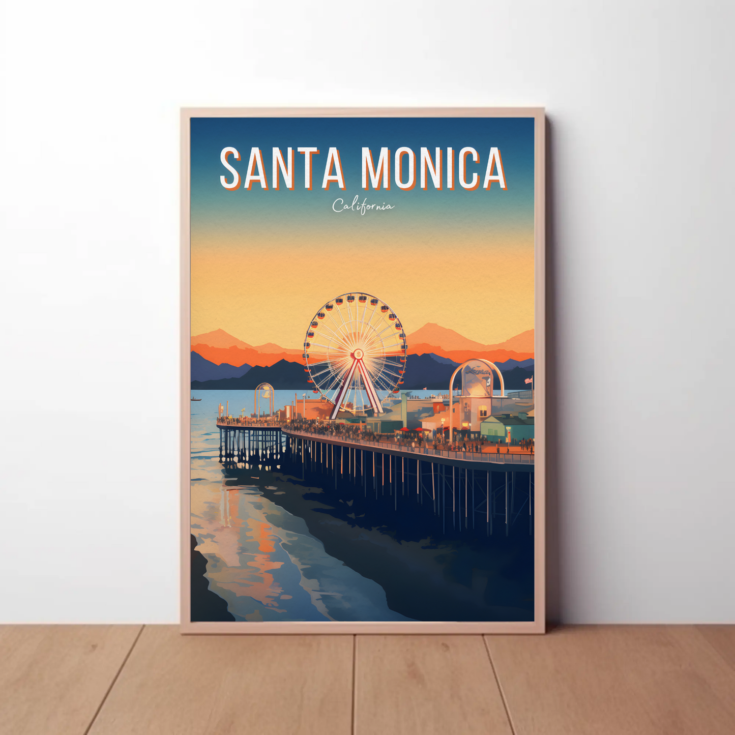 Santa Monica California Pier Sunset Ocean Ferris Poster