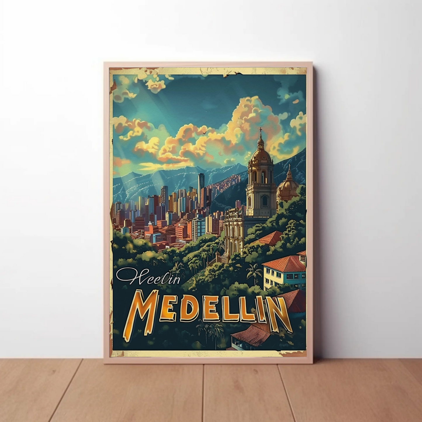 Medellin Cathedral City Skyline Colombian Landscape Travel Poster