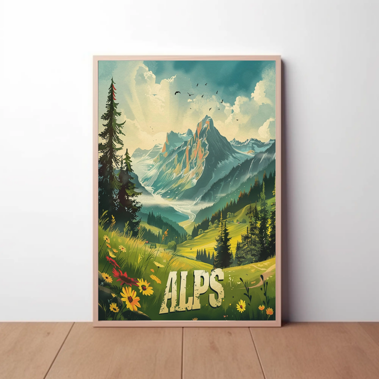 Alps Mountain Meadow Light Rays Forest Travel Poster