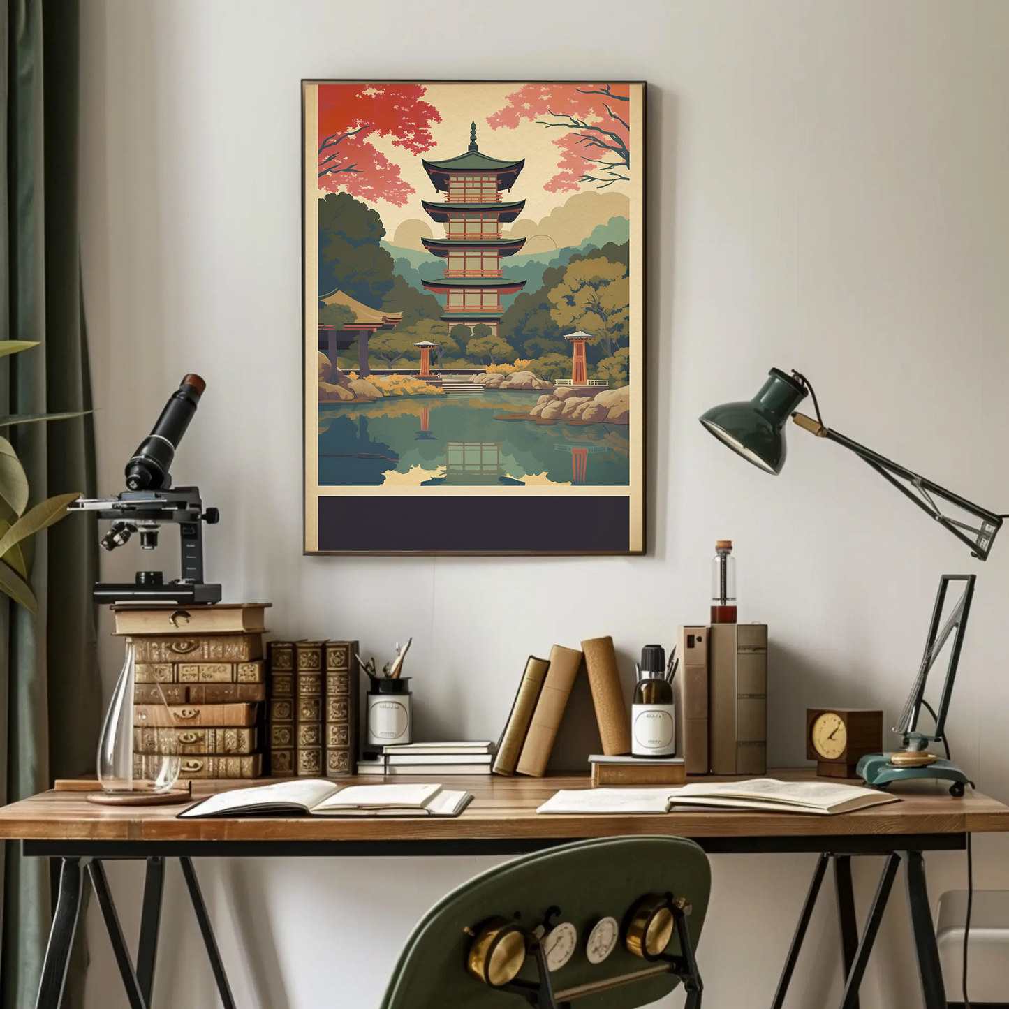 Japan Reflection Pagoda Lake Autumn Vintage Travel Poster