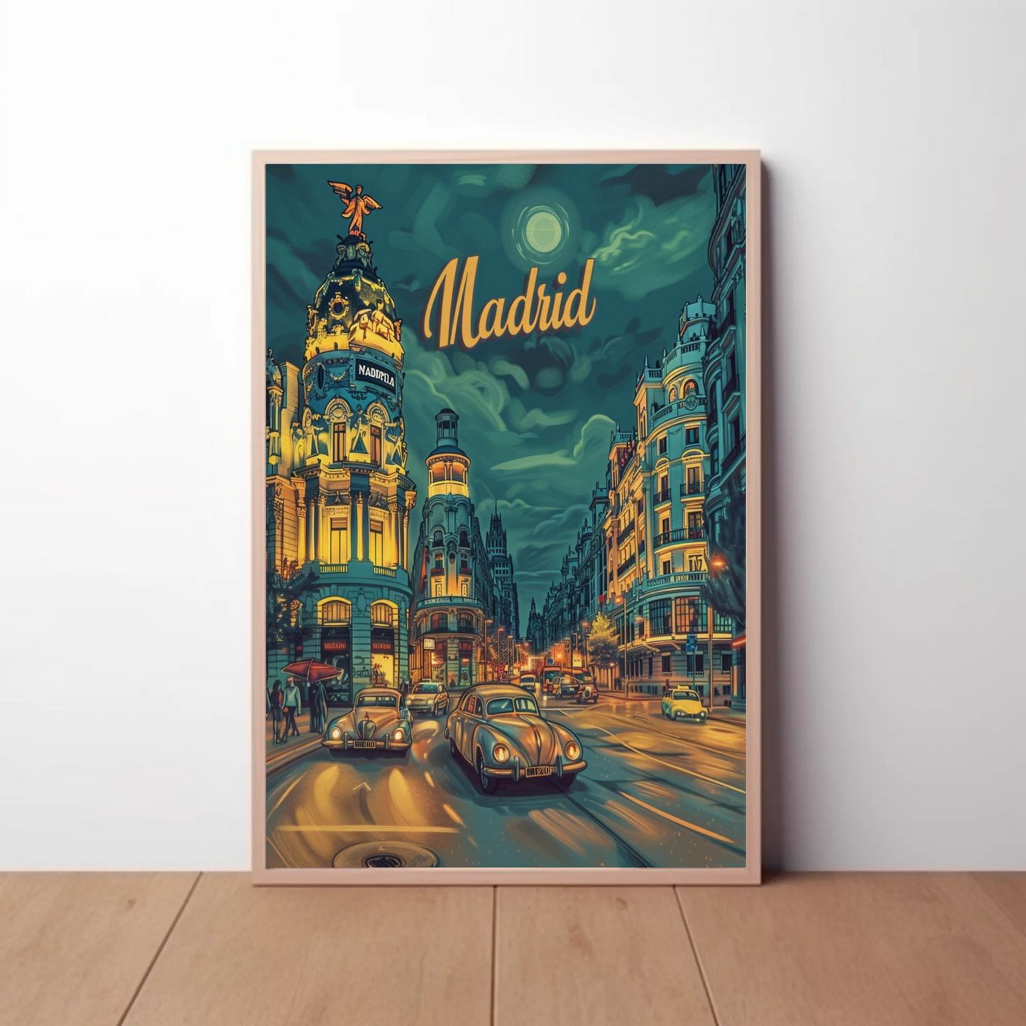 Madrid Night Drive Glowing Lights Retro Travel Poster