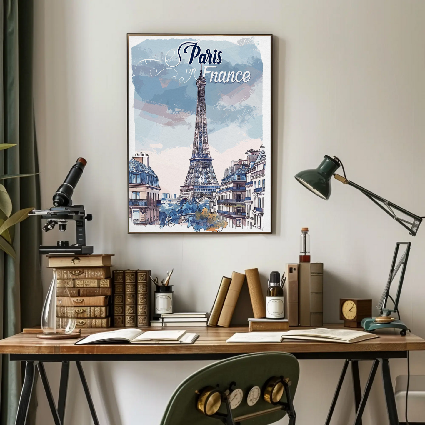 Paris France Watercolor Eiffel Tower View