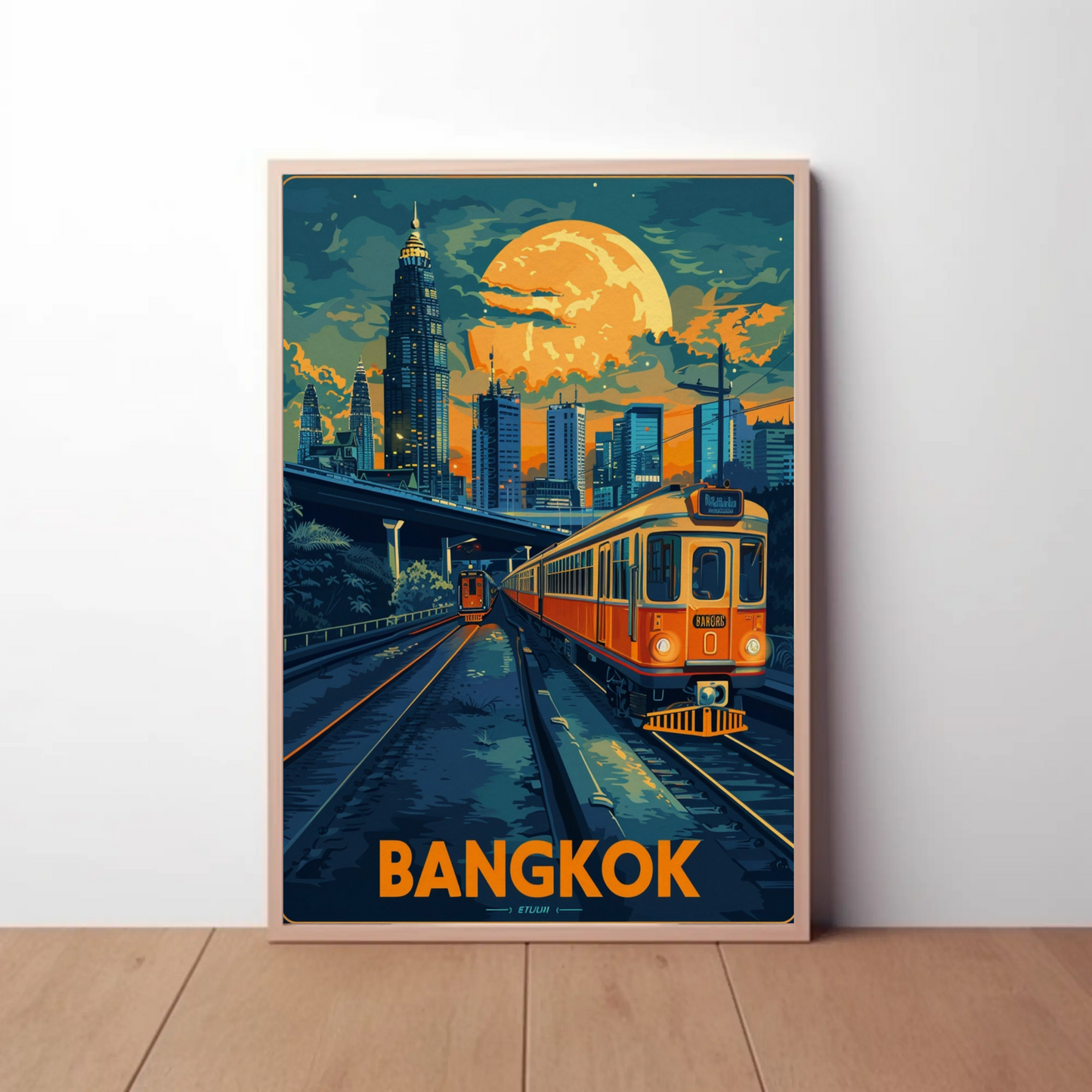 Bangkok Skyline Train Moonlight Glow Travel Poster