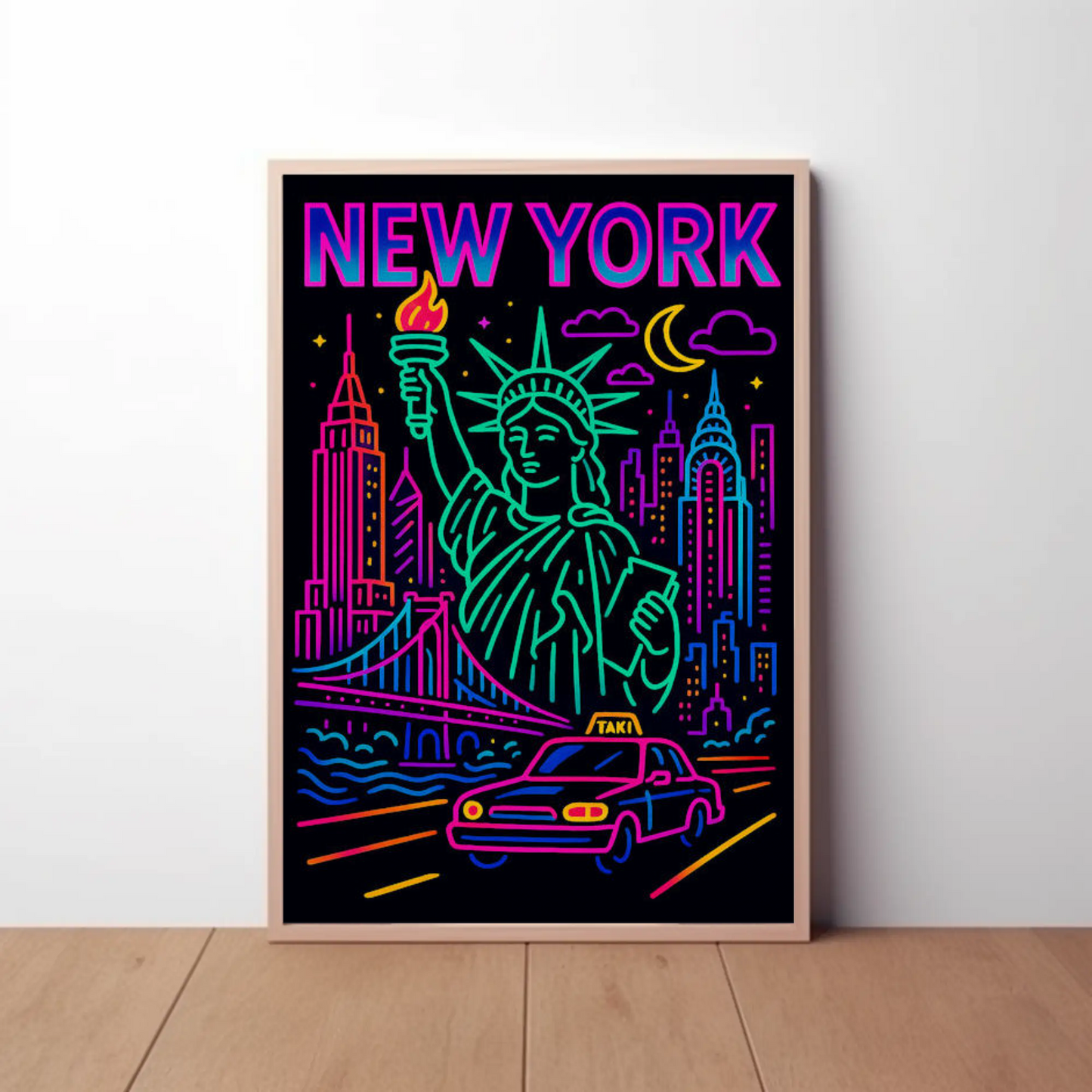 New York Neon Skyline Liberty Taxi Night Lights Travel Poster