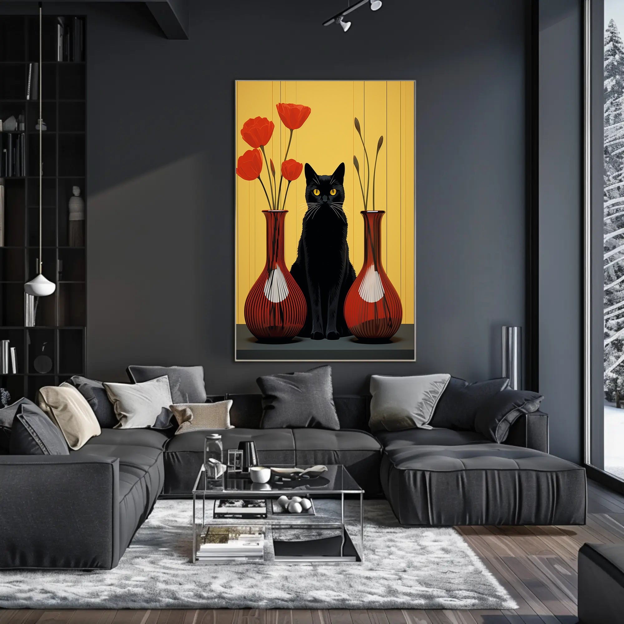 Black Cat And Red Vases Poster