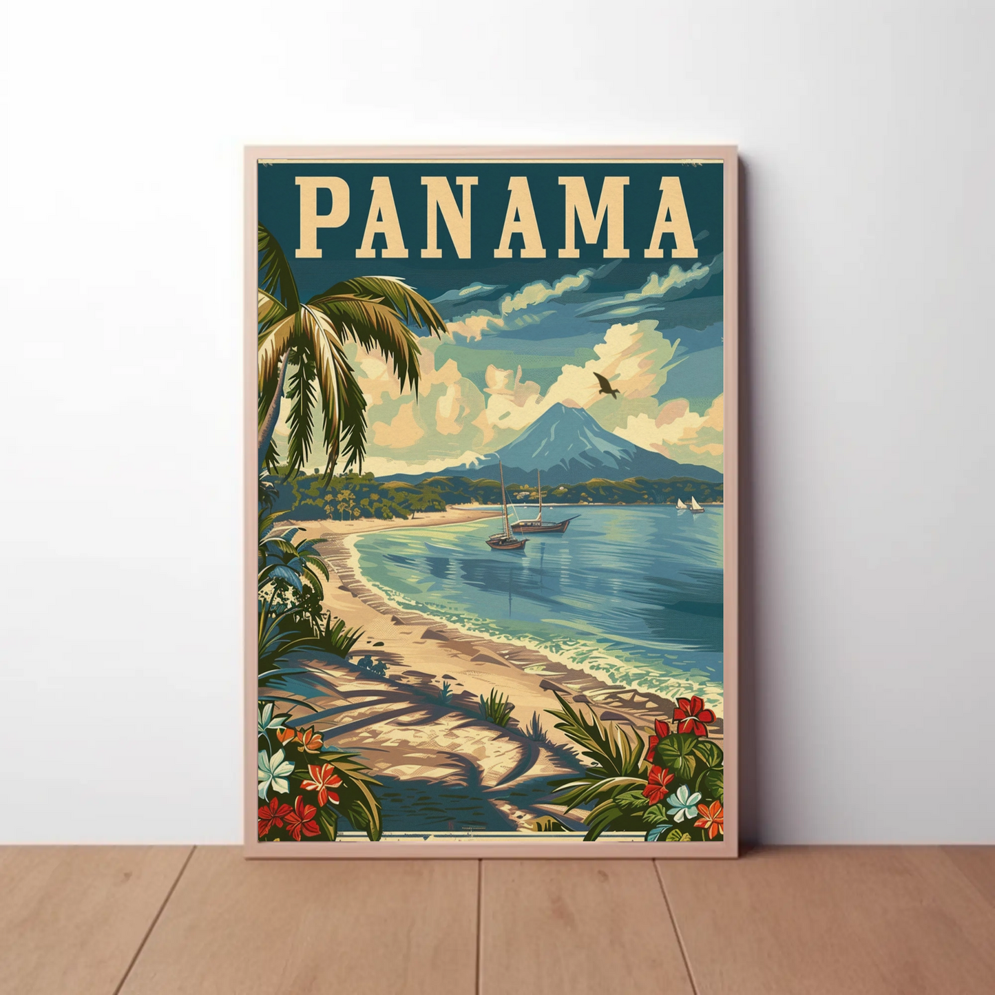 Panama Beach Volcano Sailboats Paradise Travel Poster