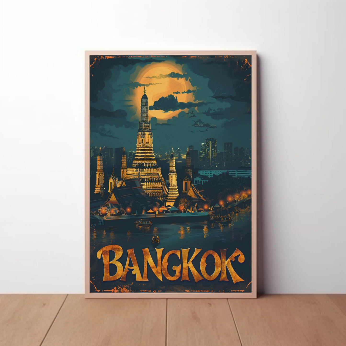 Bangkok Wat Arun Temple Nighttime Lights Travel Poster