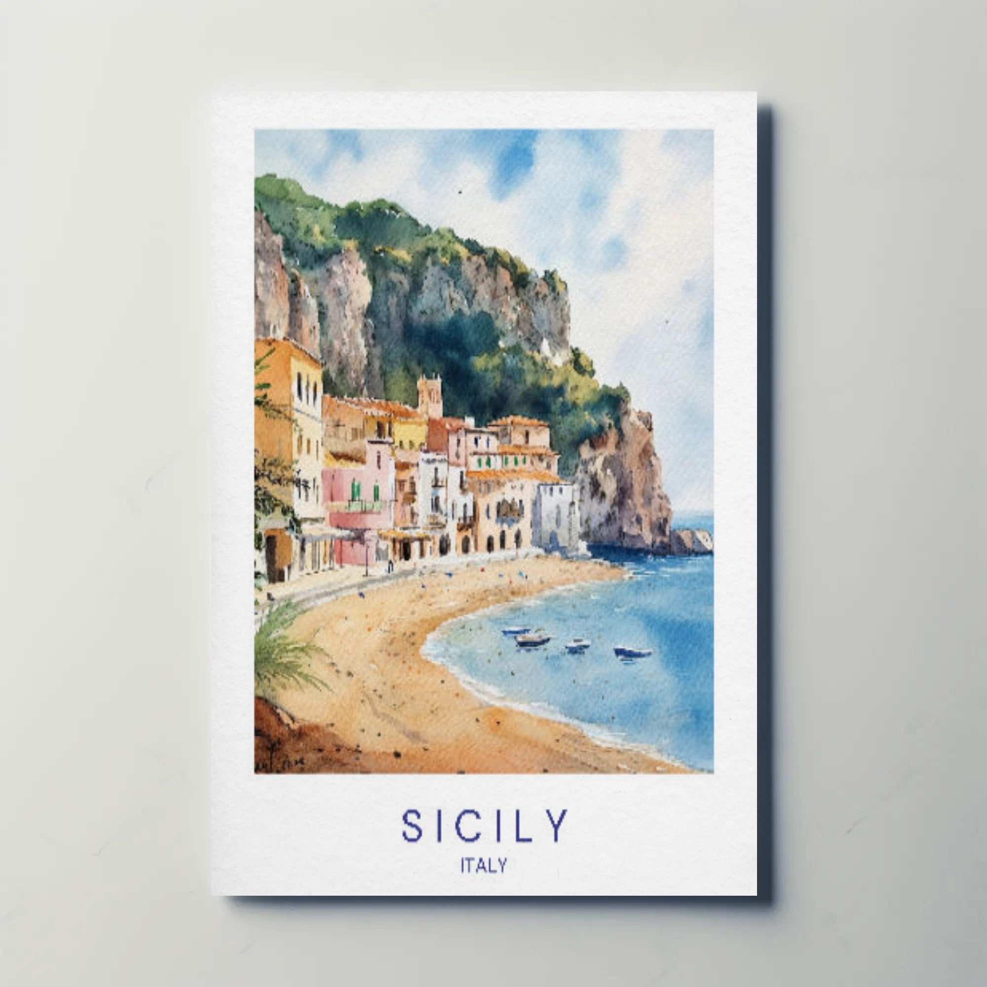 Sicilian Coastal Serenity Scenic Watercolor Travel Poster