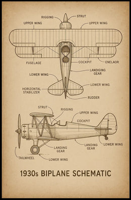 1930s Biplane Schematic Educational Poster for Aviation Enthusiasts PosterGoat