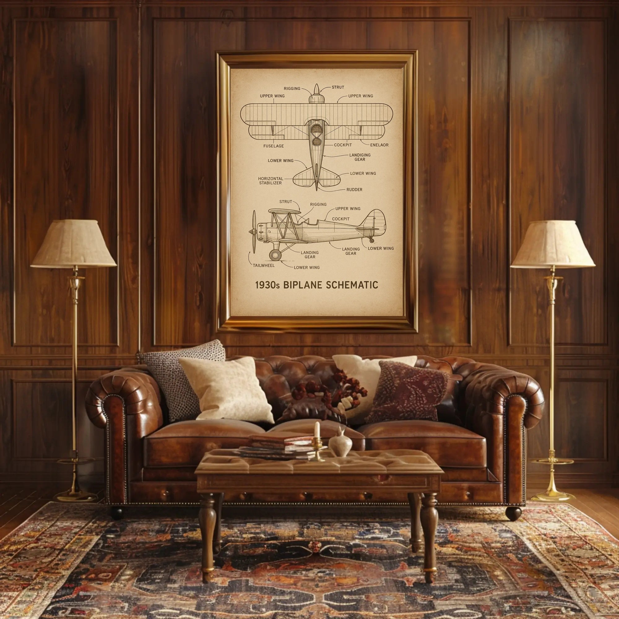 1930s Biplane Schematic Educational Poster for Aviation Enthusiasts PosterGoat