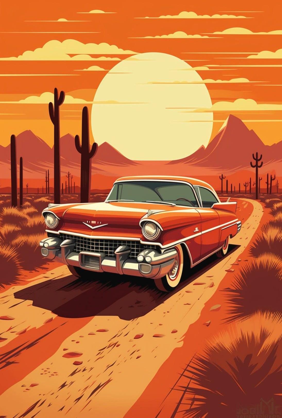 1950s Classic Car Desert Adventure Wall Art Print PosterGoat