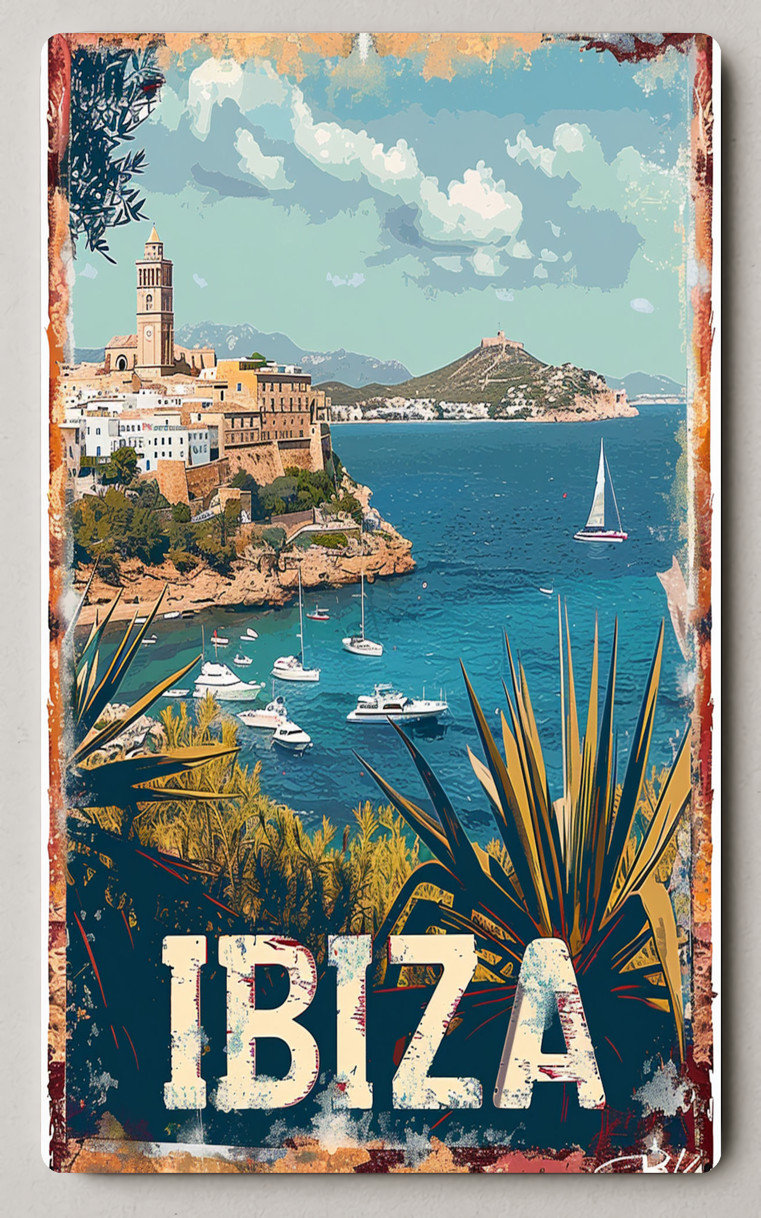 Ibiza Coastal Vintage Travel Scene Trading Card PosterGoat