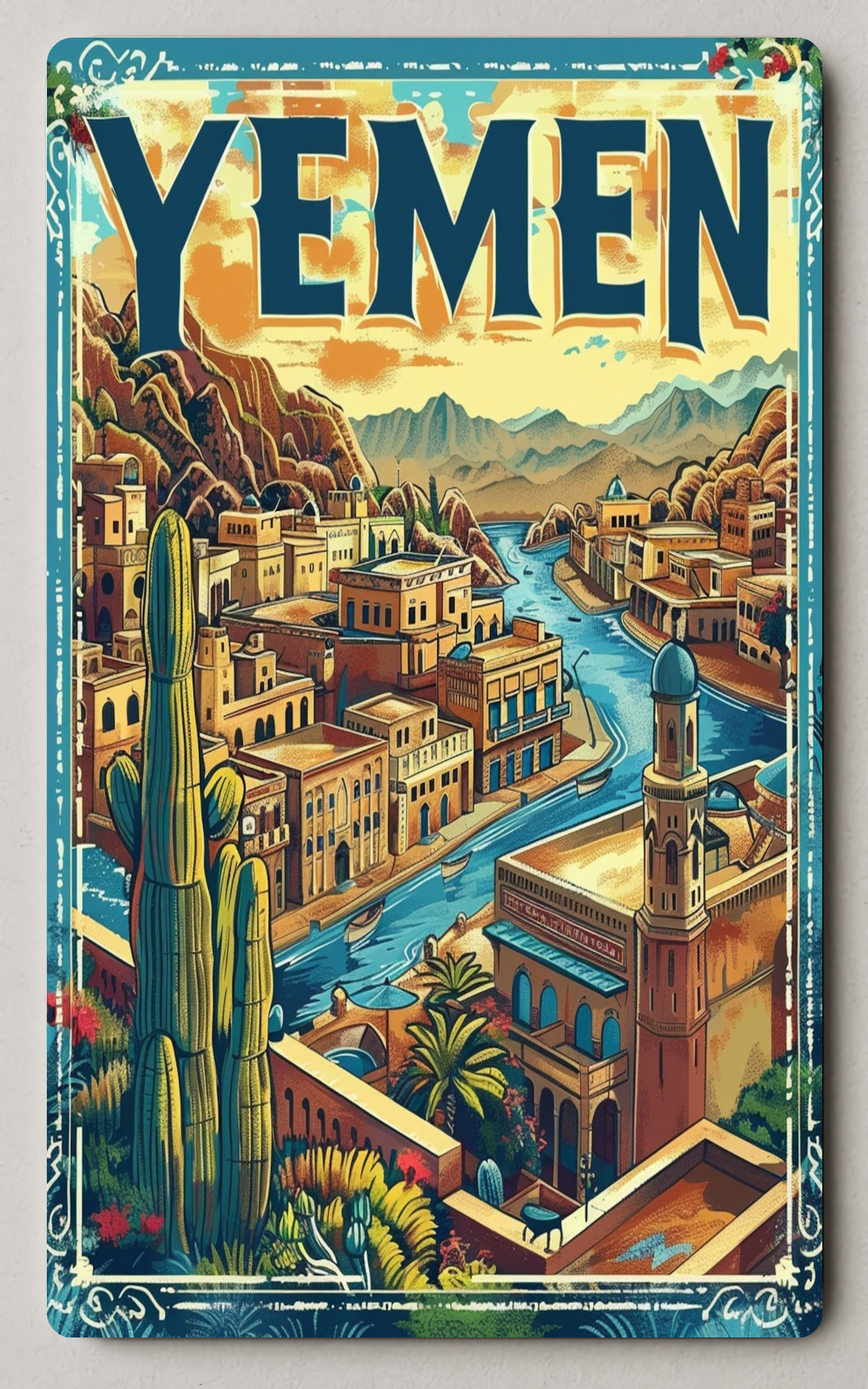 Yemen Cityscape Vintage Trading Card PosterGoat