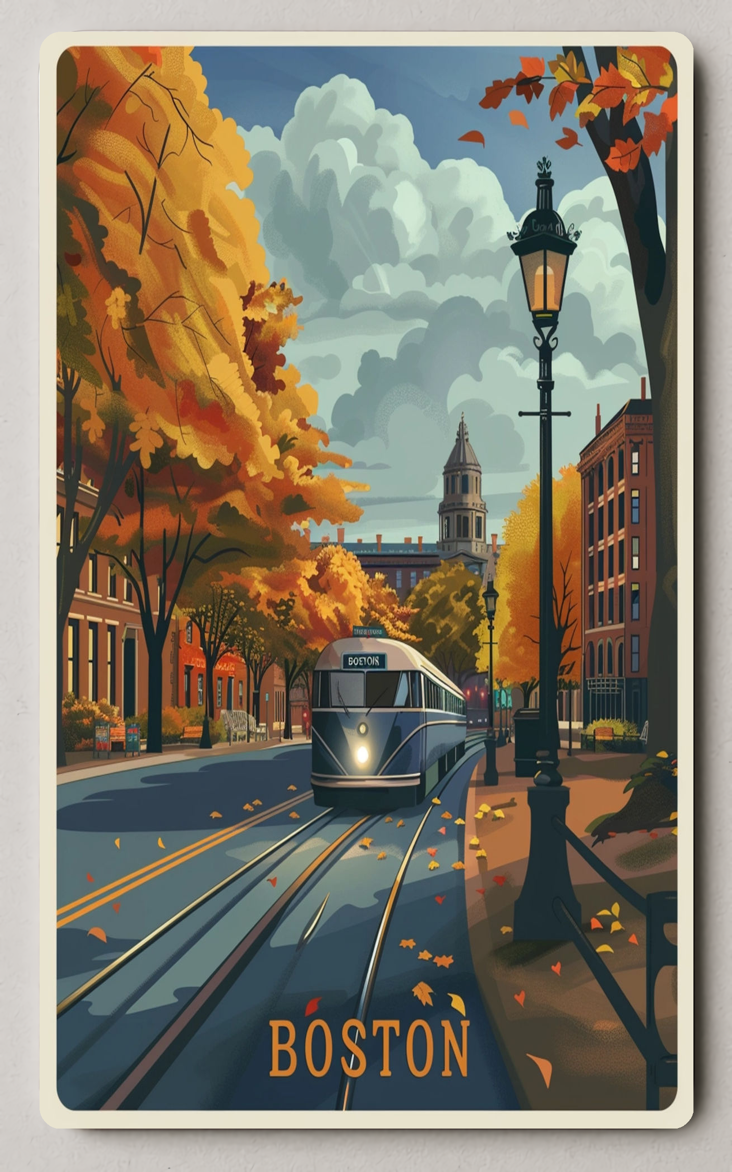 Boston Autumn Streetcar Vintage Trading Card PosterGoat