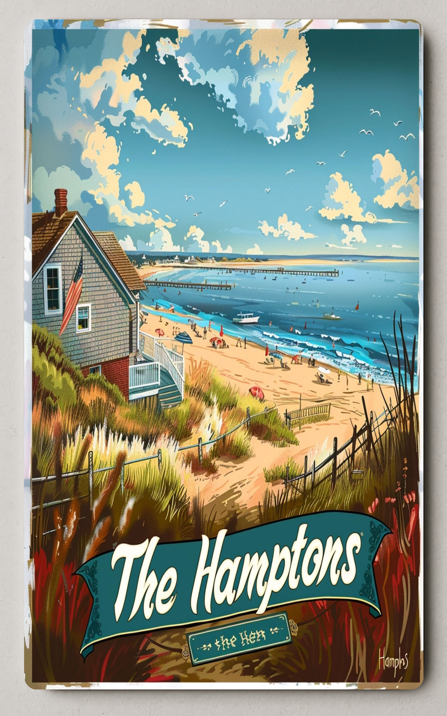 Hamptons Beach Scene Vintage Trading Card PosterGoat