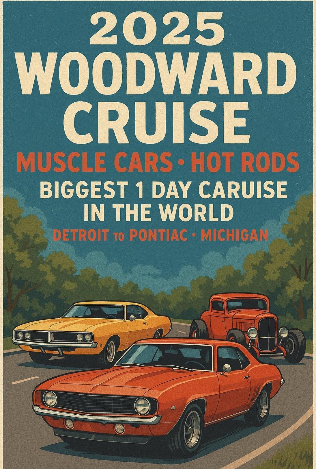 2025 Woodward Cruise Retro Muscle Cars Poster Art Print PosterGoat