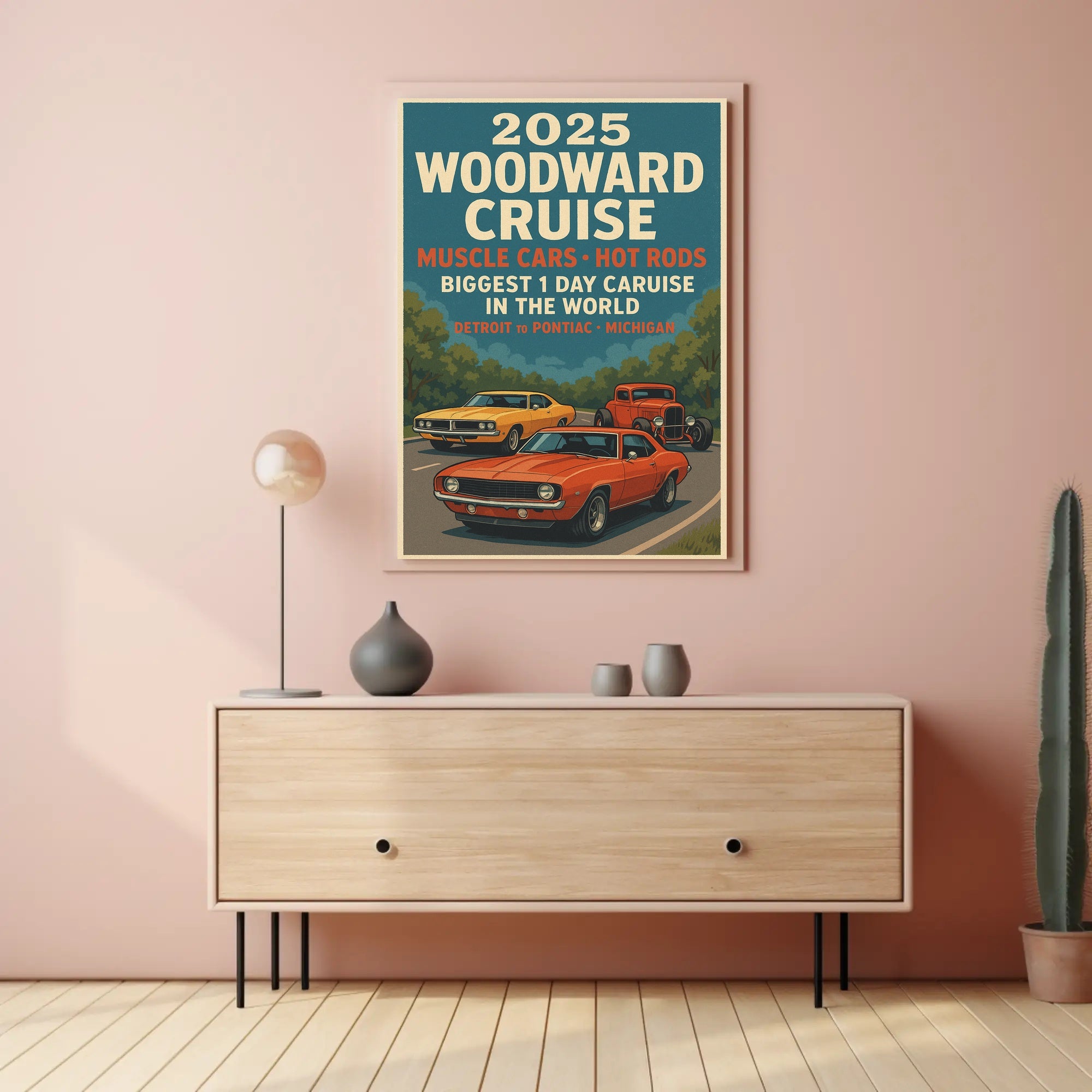 2025 Woodward Cruise Retro Muscle Cars Poster Art Print PosterGoat