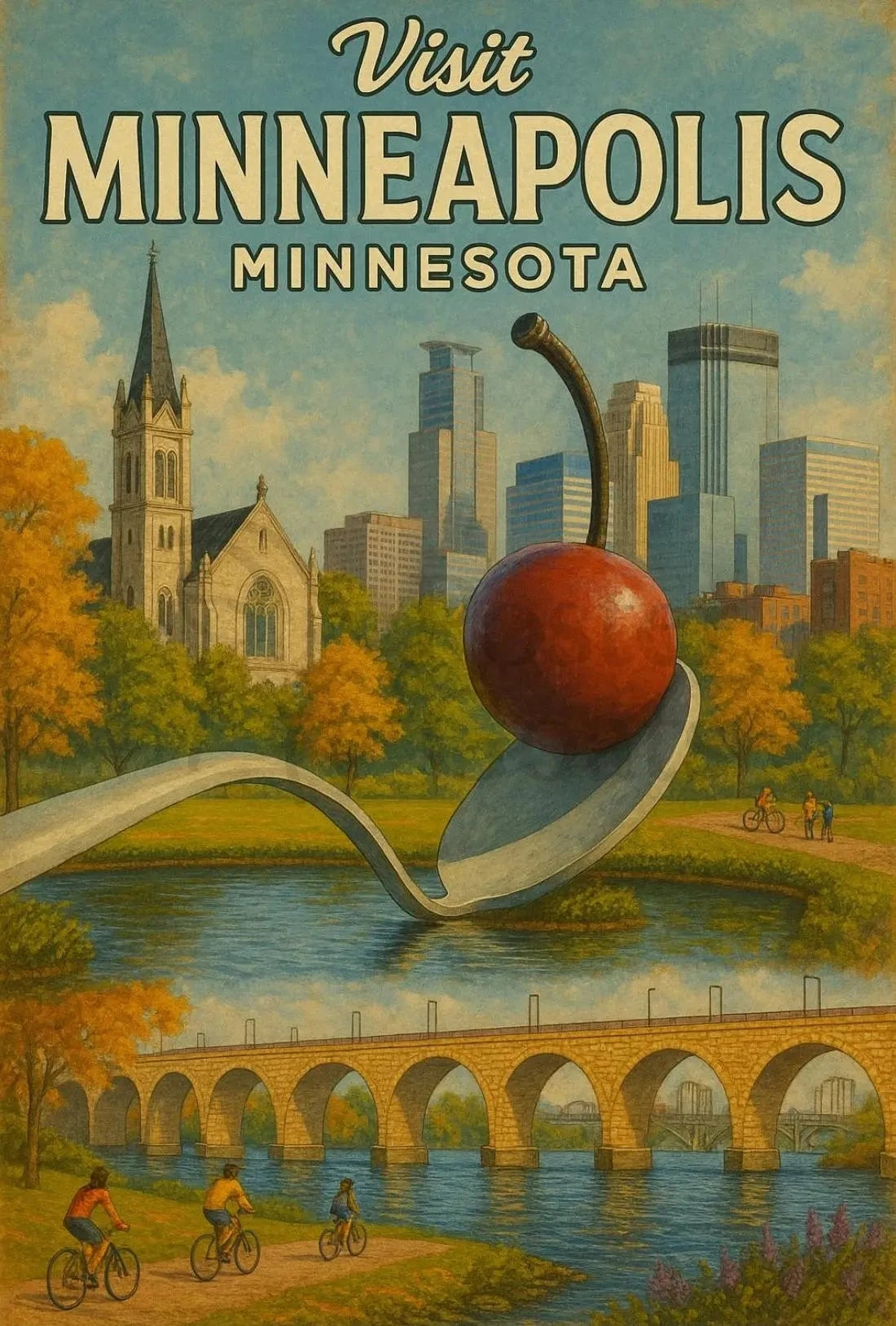 Visit Minneapolis Landmarks Retro Travel Poster