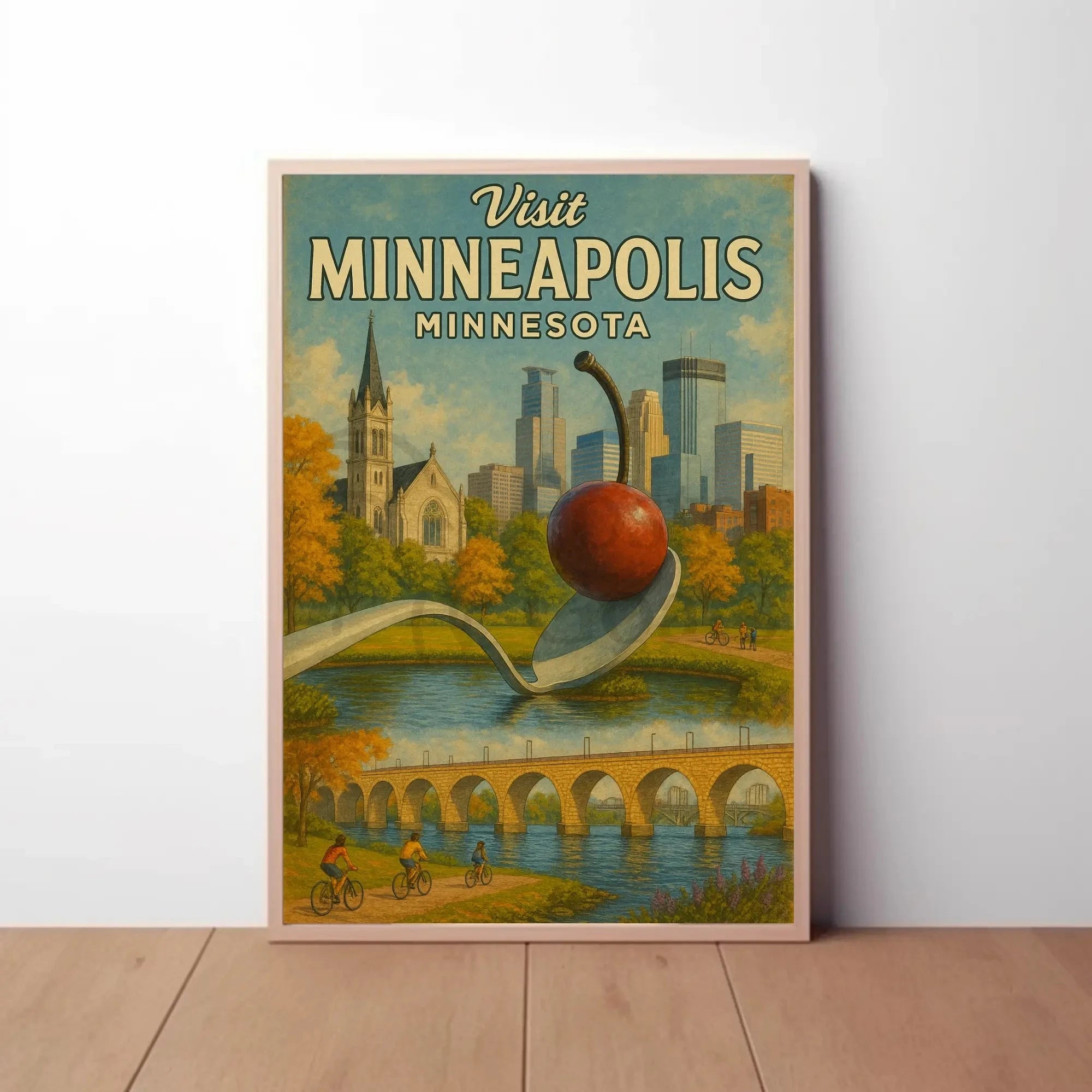 Visit Minneapolis Landmarks Retro Travel Poster
