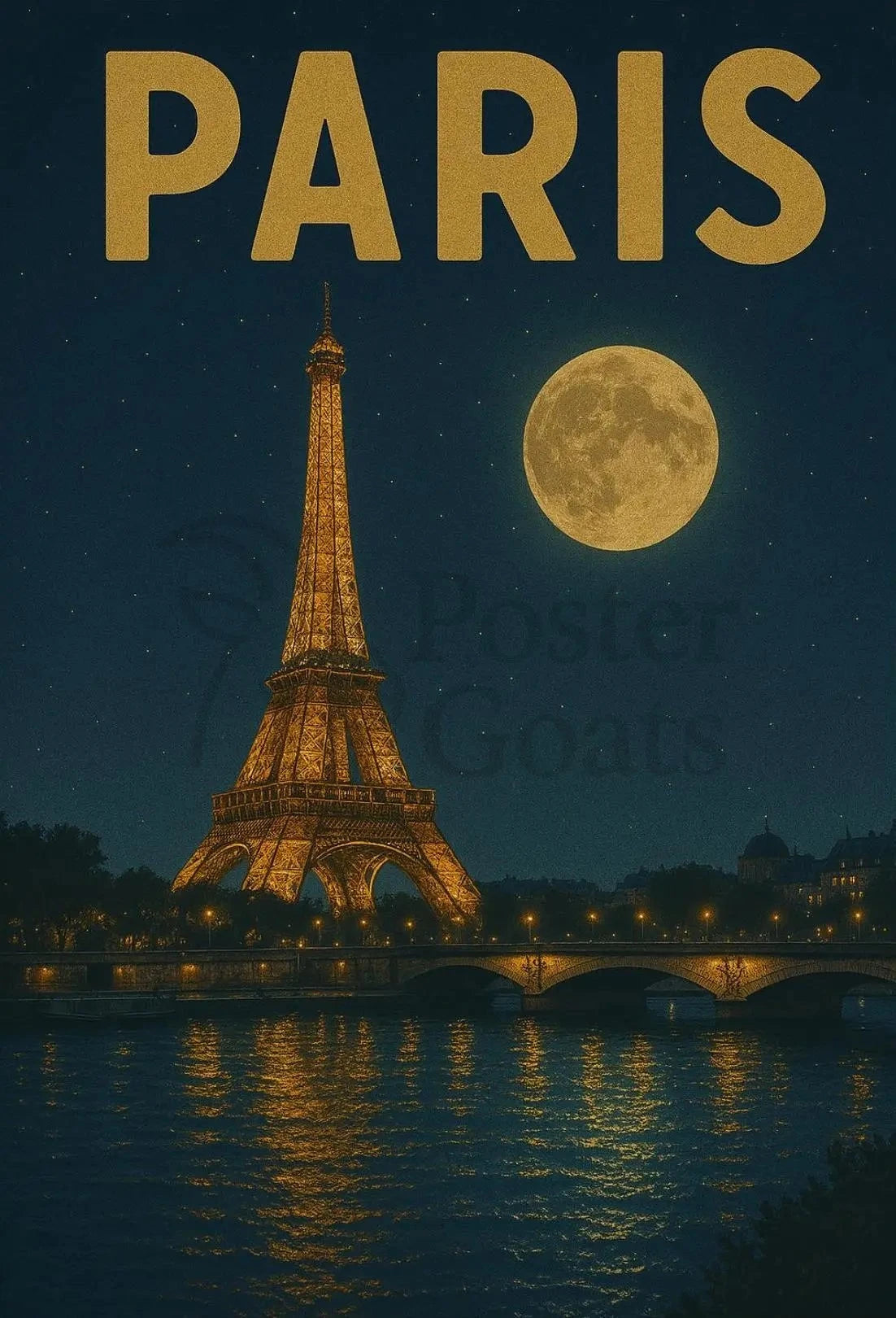 Eiffel Tower Nighttime Scene Vintage Travel Poster