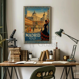 Vintage Madrid Scene with Flamenco Flair Travel Poster