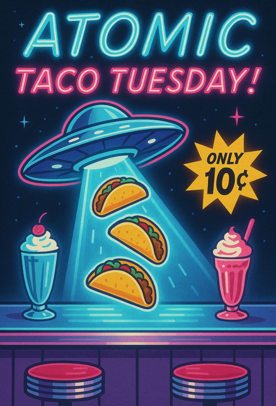 ATOMIC UFO Tacos Retro Pop Culture Poster PosterGoat