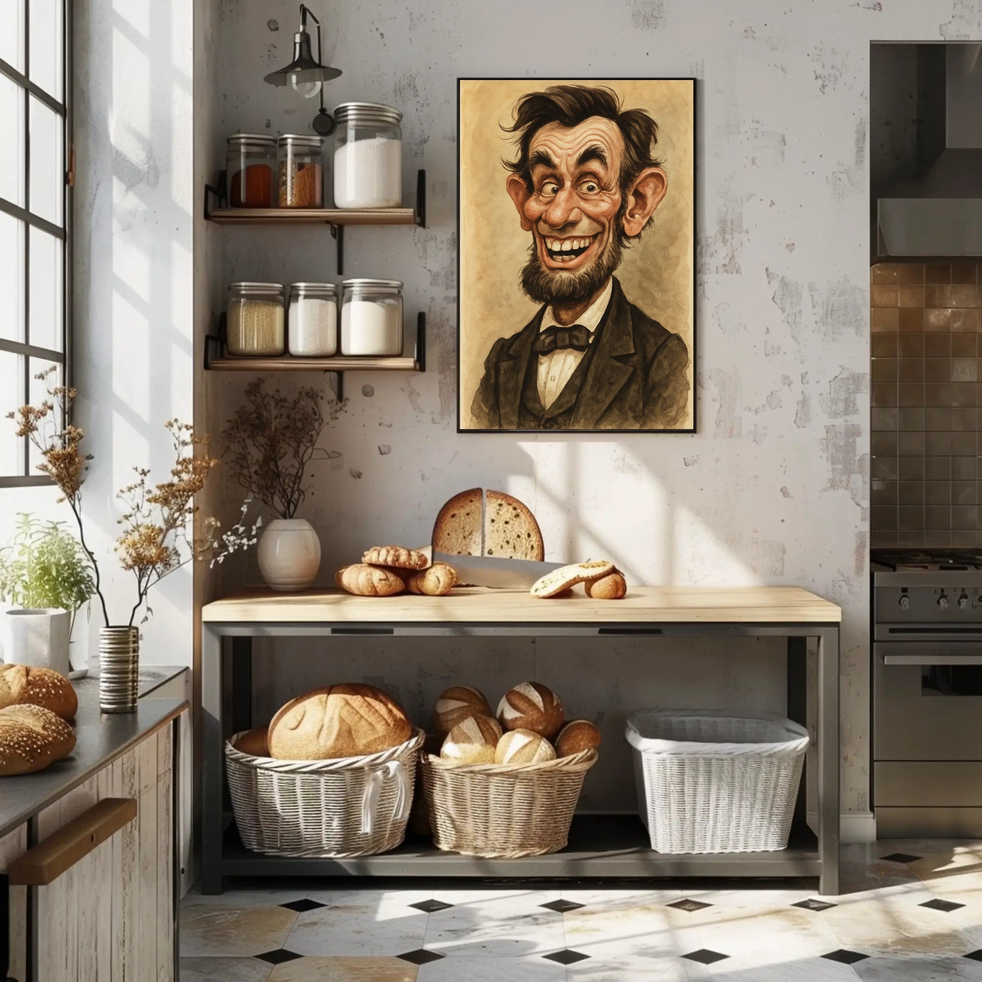 Abraham Lincoln Caricature Poster Humorous Artwork for American History Fans PosterGoat